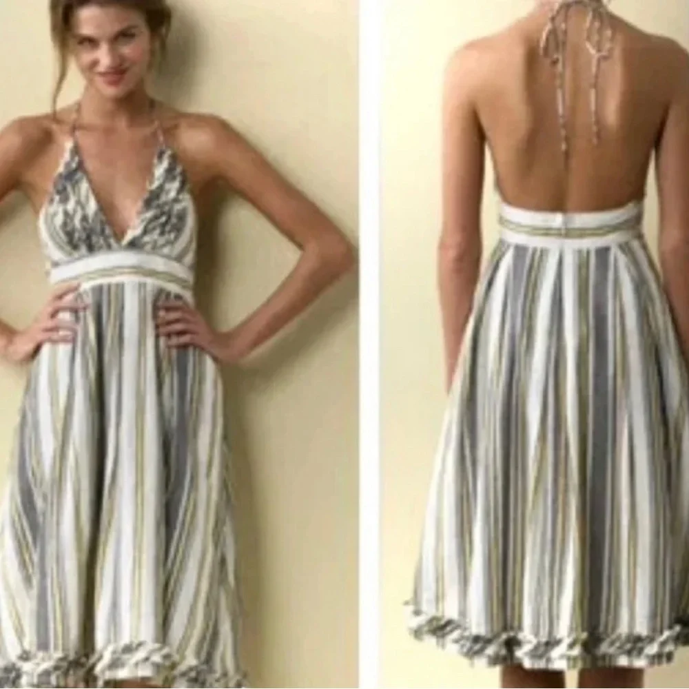 J Crew NWT Sylvan Halter Dress Backless Ruffle Linen Cotton Striped size 12